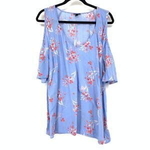 Torrid Cold Shoulder V-Neck Blouse Womens Size 1X Blue Red Floral Print